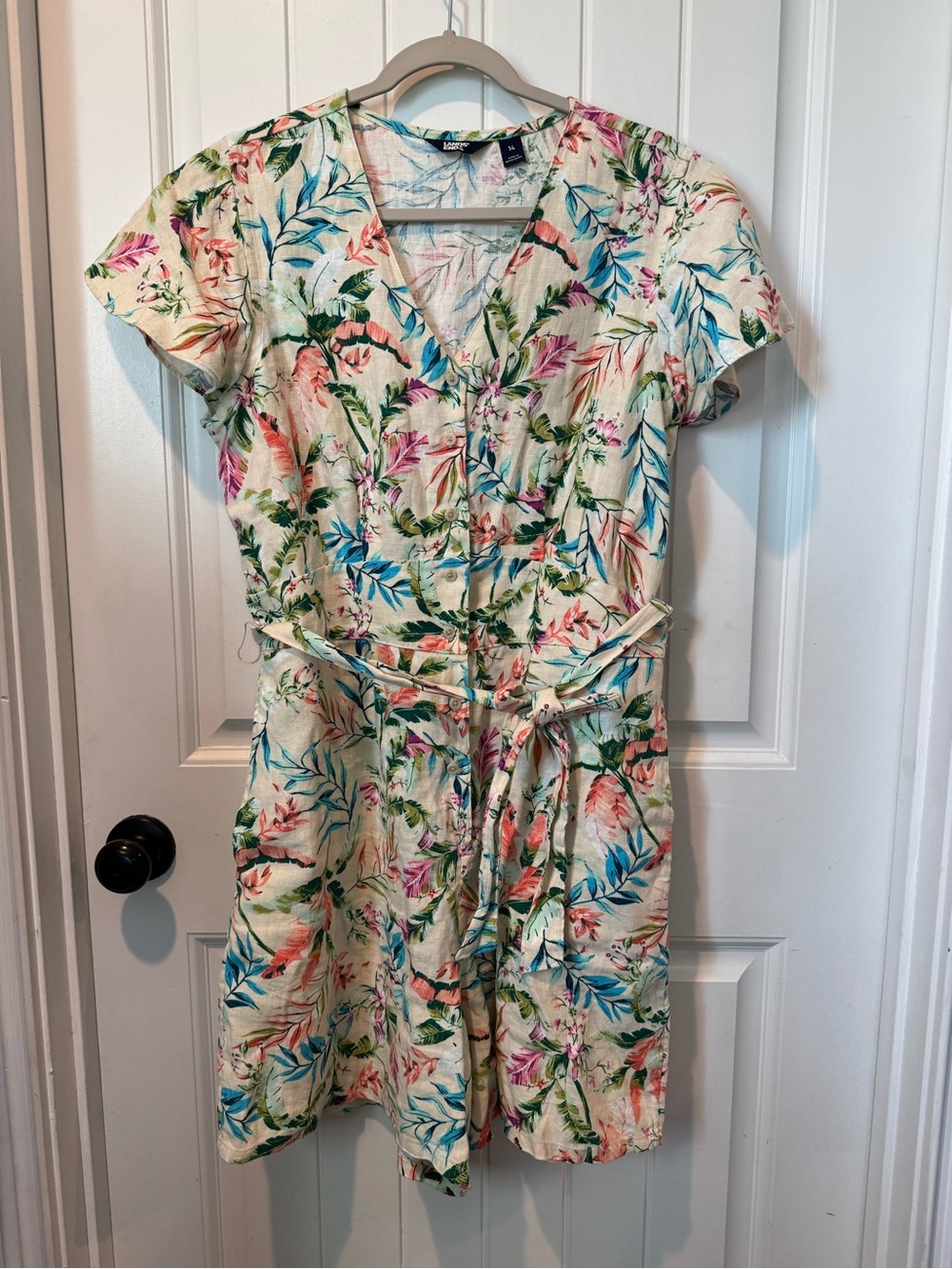 Lands' End 100% Linen Cream Floral Button-Front with Tie Waist Size 14